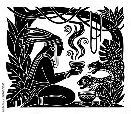 Quadro su tela Indigenous shaman ritual ceremony in jungle with jaguar in vintage woodcut folkl