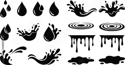 Collection of black liquid splashes and drops on white background for graphic design  various shapes and movements