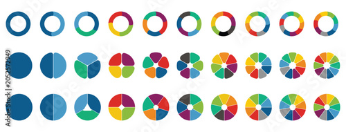 Pie chart set. Segment slice sign. Circle section graph. 1,2,3,4,5,6,7,8,9,10 sections or steps. Pie chart for data analysis, business presentation, UI, web design. Geometric element. Vector illustrat