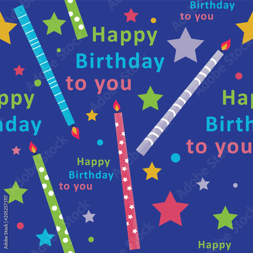 colorful candles pattern with happy birthday text, stars and dark  blue background