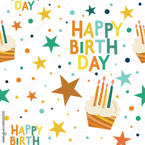 happy birthday pattern with cake and colorful stars