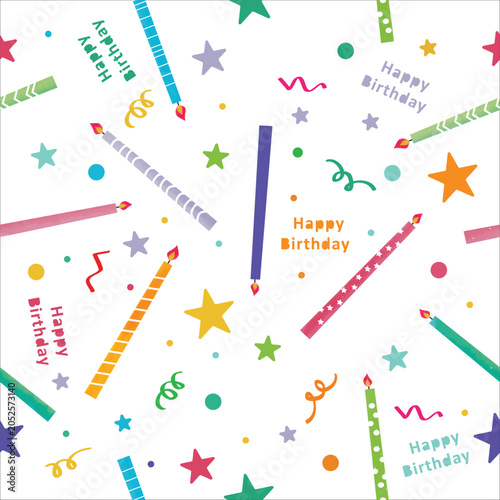 colorful candles pattern with happy birthday text, stars and white background