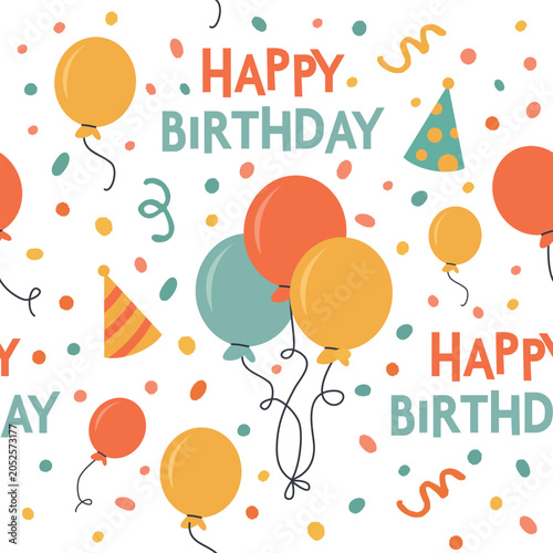 happy birthday pattern with colorful balloon, hat and confetti