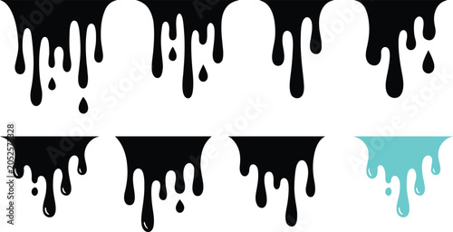 Various liquid drips and drops on a white background  dripping paint or ink flows in different shapes and sizes
