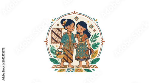 Foto Illustration of Two Girls in Traditional Ethnic Dress with Floral Border