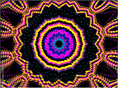 A vibrant, psychedelic spiral pattern dominates the image with bold zigzagging lines in shades of pink, yellow, and blue. The concentric design draws the eye towards its colorful center