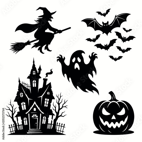 Halloween silhouette icons set with witch bats ghost haunted house and pumpkin