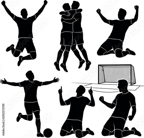 Soccer players silhouette collection celebrating victory and teamwork