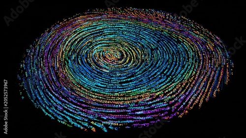 Abstract Digital Art Representing Colorful Swirls of Numeric and Alphabetic Characters on Black Background