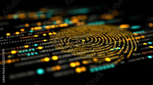 Abstract representation of digital fingerprint technology with vivid data patterns and glowing binary codes on black background