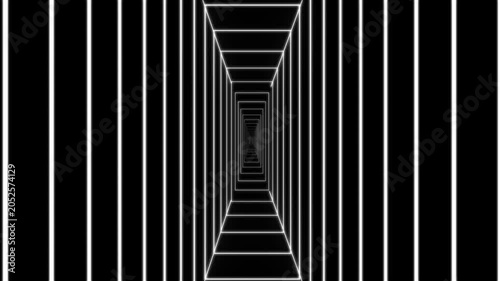 Abstract white line tunnel zoom moving through geometric grid corridor on black background loop