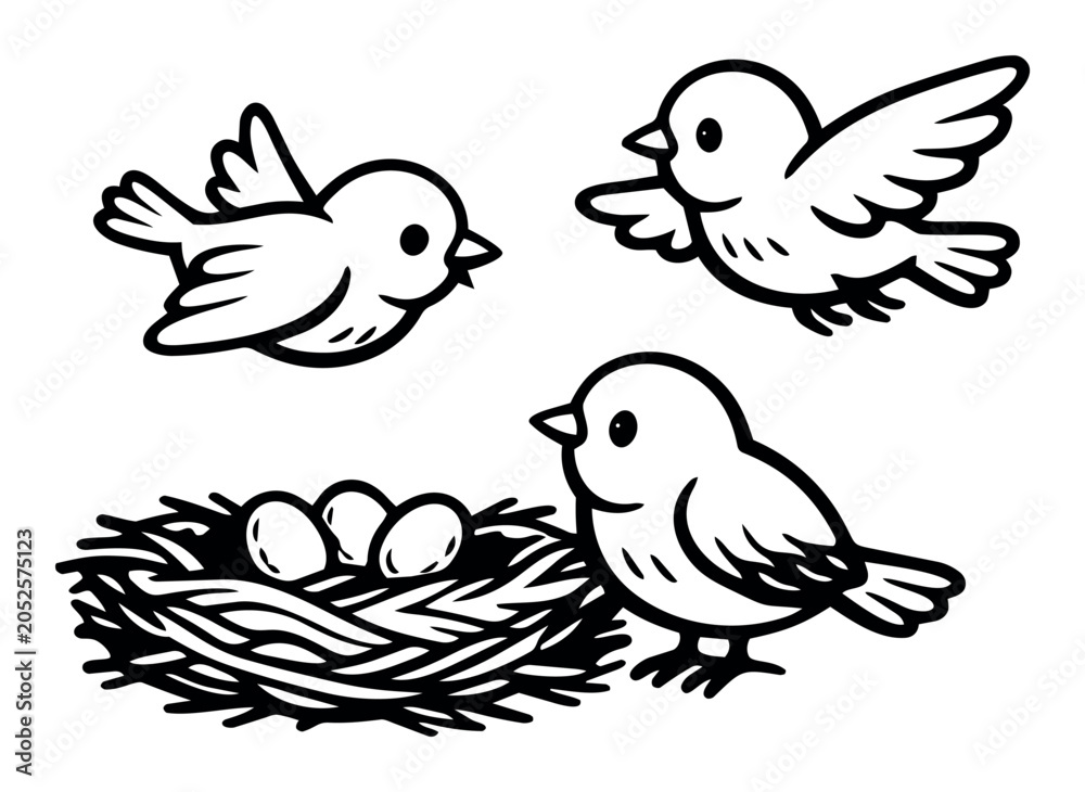 Fototapeta premium Cute cartoon birds flying and standing near a nest with three eggs, representing nature, wildlife, and new life