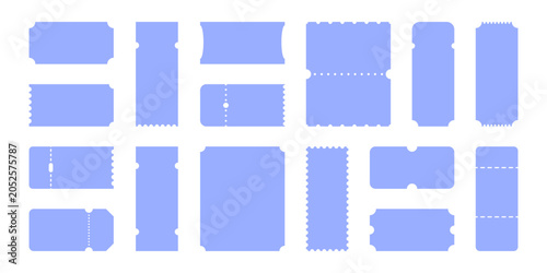 Set of ticket shapes and forms, transportation passes, cinema, circus, and theater entrance templates and backgrounds. Vector graphic design elements.
