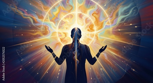 Woman meditating with spiritual energy aura around her