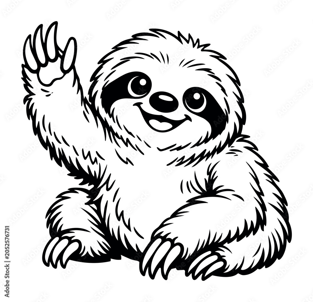 Fototapeta premium Adorable cartoon sloth artwork waving a friendly paw with a joyful expression, ideal for children