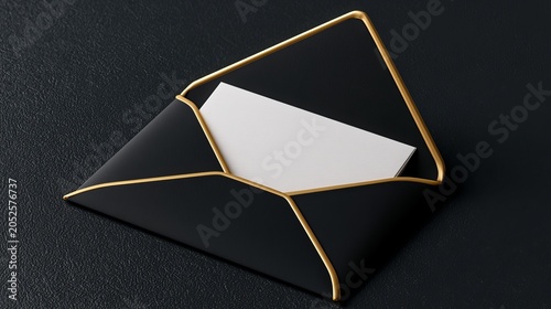 Luxury black envelope with blank invitation card and gold trim, elegant stationery mockup.