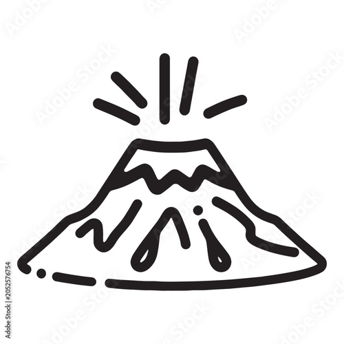 Minimalist black and white outline icon of an erupting volcano with glowing lava rays