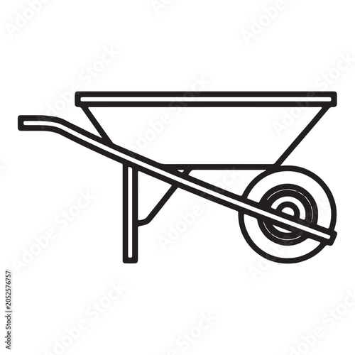 Minimalist black and white outline icon of a wheelbarrow for construction