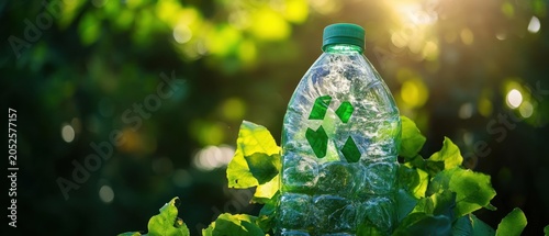 Green plastic bottle recycling symbol nature sunlight leaves