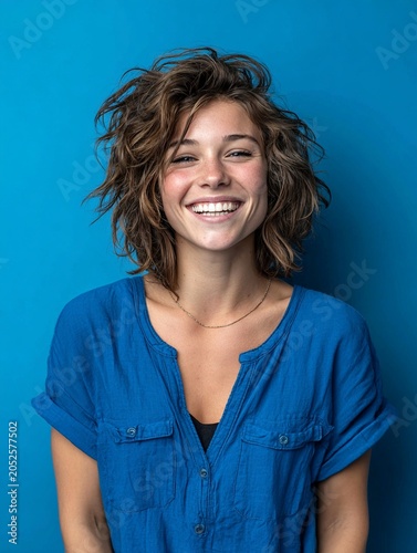 Happy young woman with tousled hair smiling on vibrant blue background
