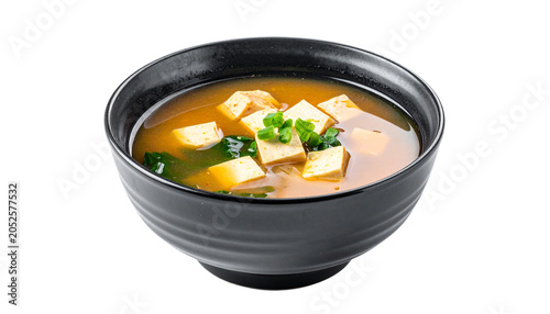 miso soup with tofu cubes and green onions, isolated on transparent background.