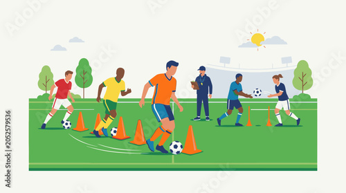 Youth soccer players practice dribbling and ball control drills with cones on a sunny green field, guided by their coach during an outdoor training session.