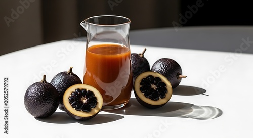 Fresh borojo fruit halves showing dark seeds alongside whole fruits and a glass pitcher filled with delicious exotic borojo juice on a white table with sharp shadows.