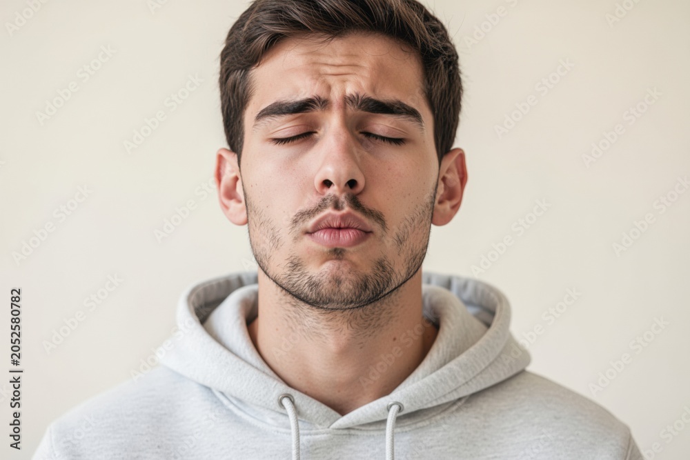 Obraz premium Young man with eyes closed practicing calm focus and self discipline for motivation