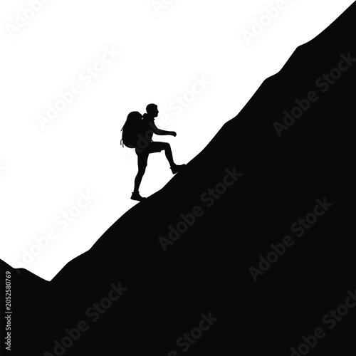 Tableau sur toile Silhouette of a hiker climbing a steep mountain slope with mountain, climbing