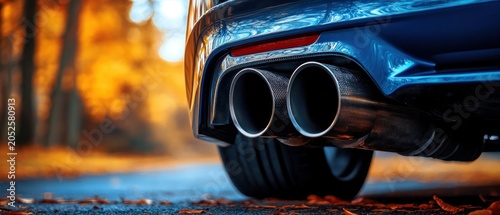 Dual exhaust pipes close up view autumn background automotive image