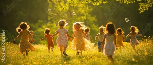 Children running in sunny meadow
