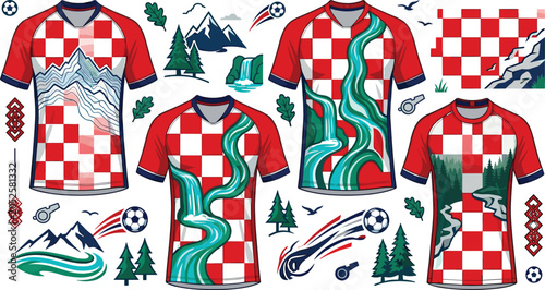 Photos Croatia football jersey kit mockup vector set with red white checkerboard patter