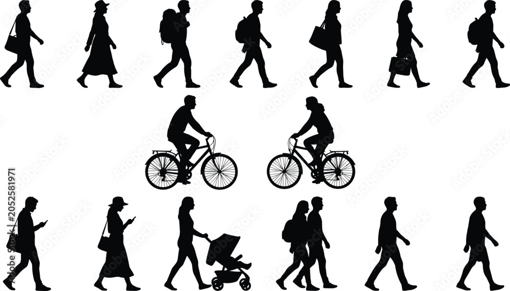 Obraz premium Silhouette collection of active people walking riding bicycles and pushing a baby stroller isolated on a white background