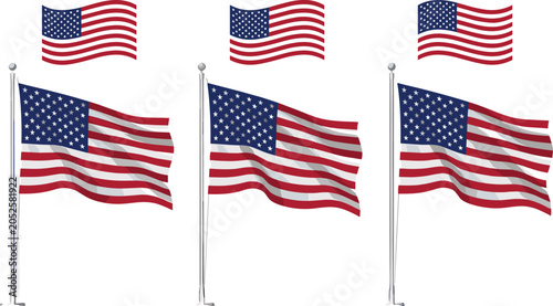 Foto Set of three identical waving American flags on silver metallic flagpoles alongs