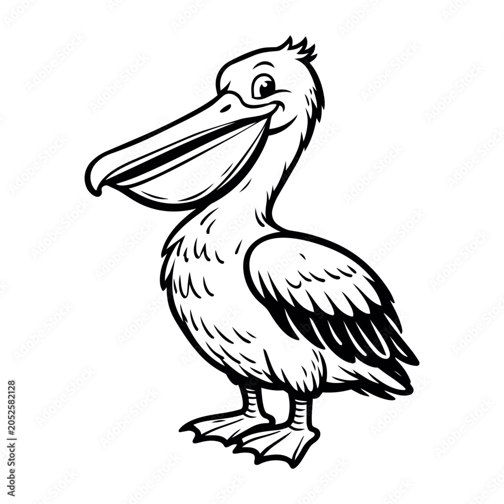 Fototapeta premium Pelican bird cartoon character with a large beak and webbed feet, standing and looking friendly. Outline illustration for kids