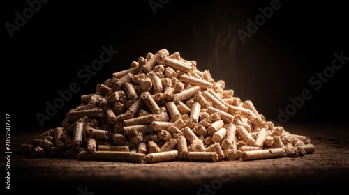 Pile of Natural Wood Pellets on Dark Background Highlighting Raw Material for Heating, Fuel, and Eco-Friendly Applications