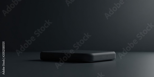 A sleek, dark gray rectangular device rests on a dark surface, illuminated by subtle light, showcasing its minimalist design and understated elegance.
