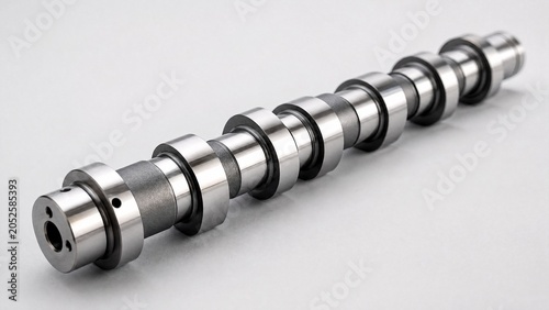 camshaft. A newly machined camshaft with polished metal surface and precise lobes. safety posters, maintenance manuals, designed for precision metalworking and fabrication facilities.