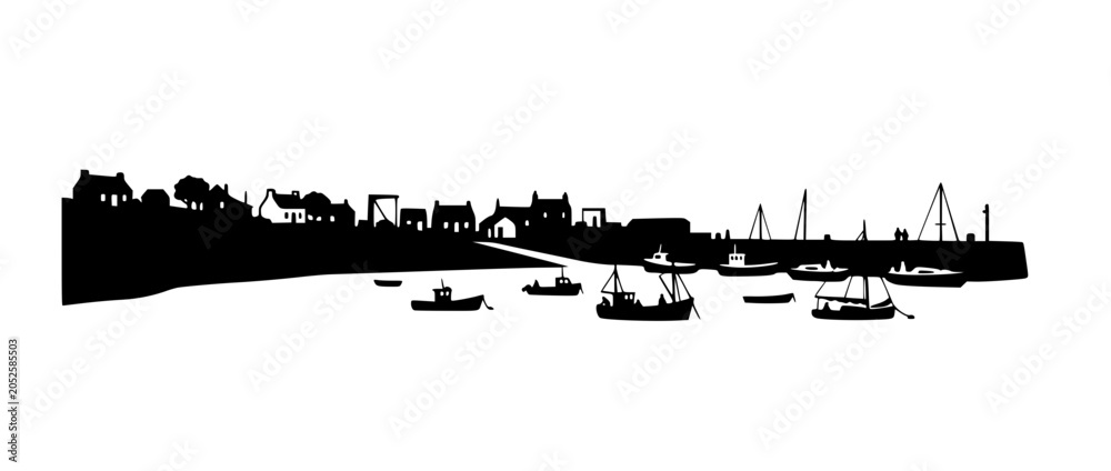 Obraz premium Black silhouette of a coastal village harbor with boats