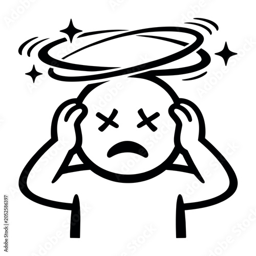 Stick figure character experiencing dizziness and confusion, holding head with X eyes, symbolizing illness, stress, or faintness