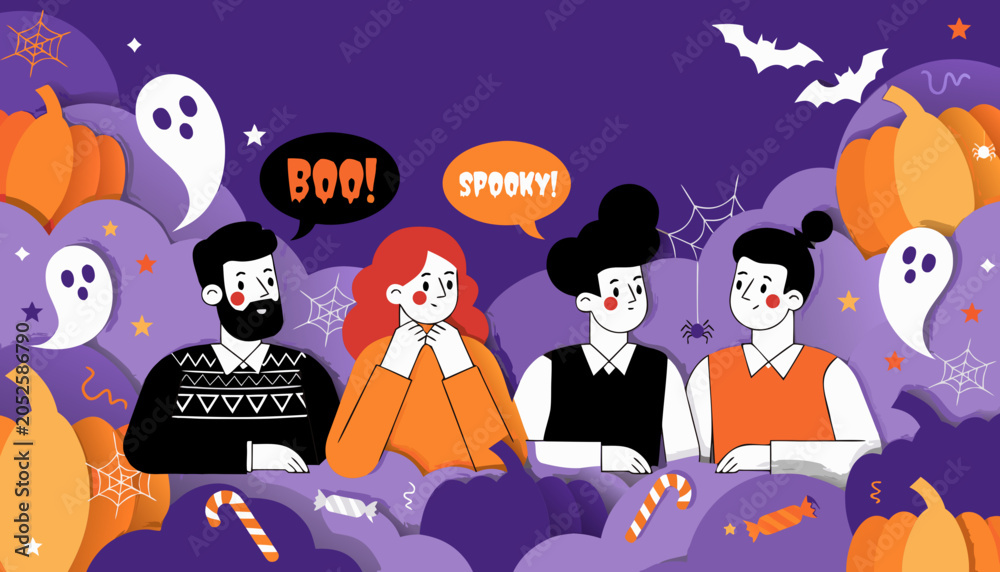 Naklejka premium Flat Vector Illustration of Friends Celebrating Halloween, Cute Character Design with Pumpkins, Ghosts, Speech Bubbles and Candies on Layered Purple Background.