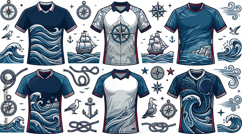 Slika na platnu Nautical ocean themed sports jersey mockup vector set with stormy waves sailing
