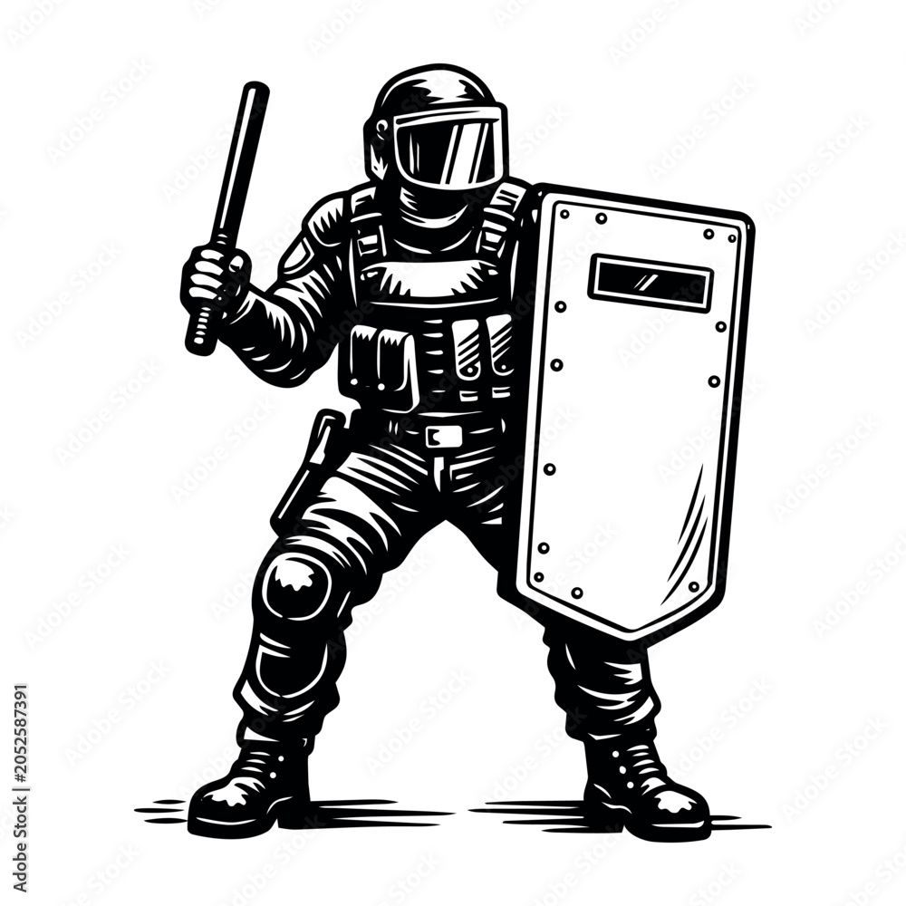 Obraz premium Police officer wearing tactical gear, helmet, and body armor, holding a protective shield and a baton