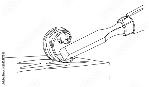 Fotografía Wood Chisel Carving Wood Shaving One Line Art Vector, Carpentry and Woodworking