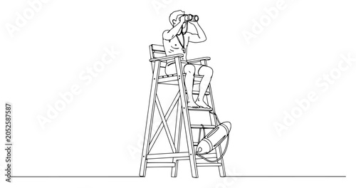Fotografie Lifeguard on High Chair with Binoculars One Line Art Vector, Beach Safety and Re