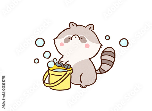 Bild auf Leinwand Raccoon washing and wringing a cleaning rag in a bucket, cleanliness or chores c
