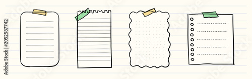 Obraz na plátně Vector illustration of four lined paper sheets with colorful tape on a lined background