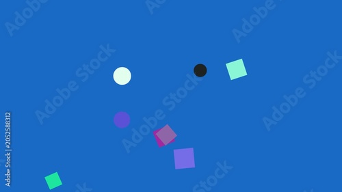 Geometric shapes dance in a celebratory blue backdrop with subtle lighting changes
