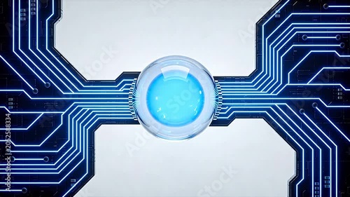 Futuristic circuit board with glowing sphere