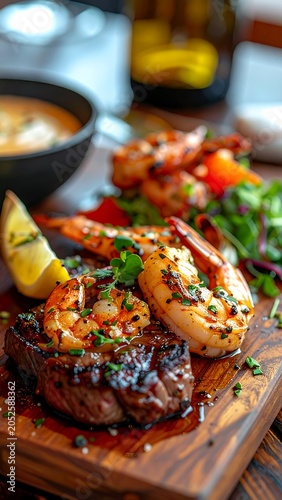 A grilled steak topped with shrimp, herbs, and a lemon wedge on a wooden plate